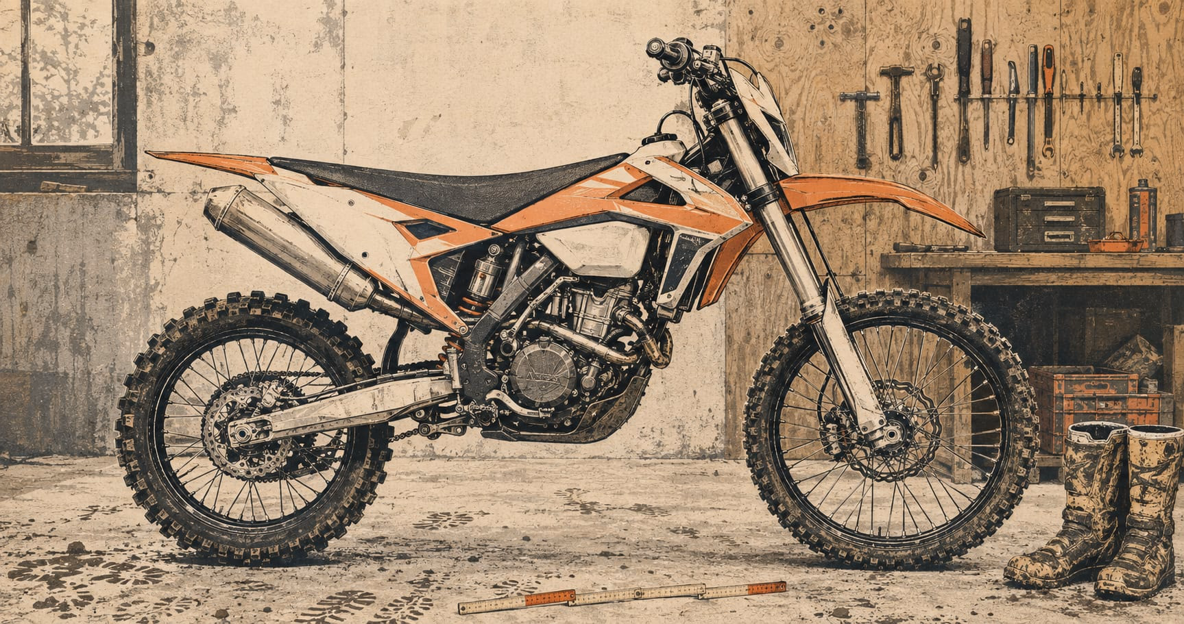 Redakcyjna ilustracja dużego niebrandowanego motocykla terenowego na stojaku