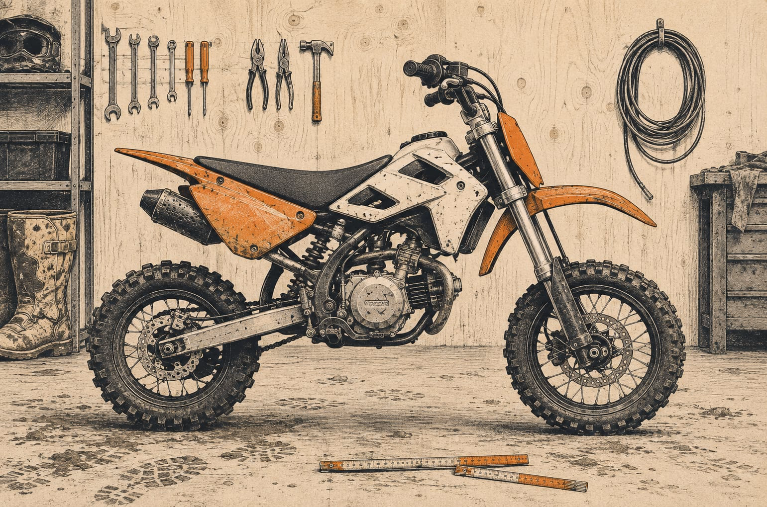 Redakcyjna ilustracja małego niebrandowanego pit bike'a w warsztacie