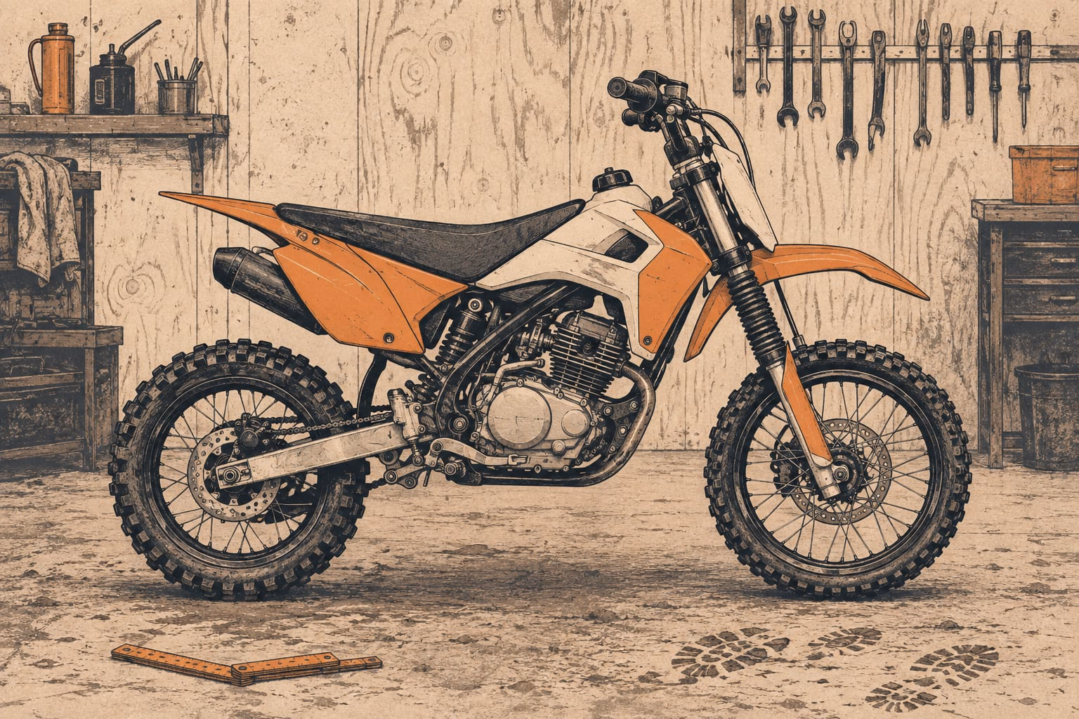 Redakcyjna ilustracja średniego motocykla crossowego stojącego bokiem w warsztacie