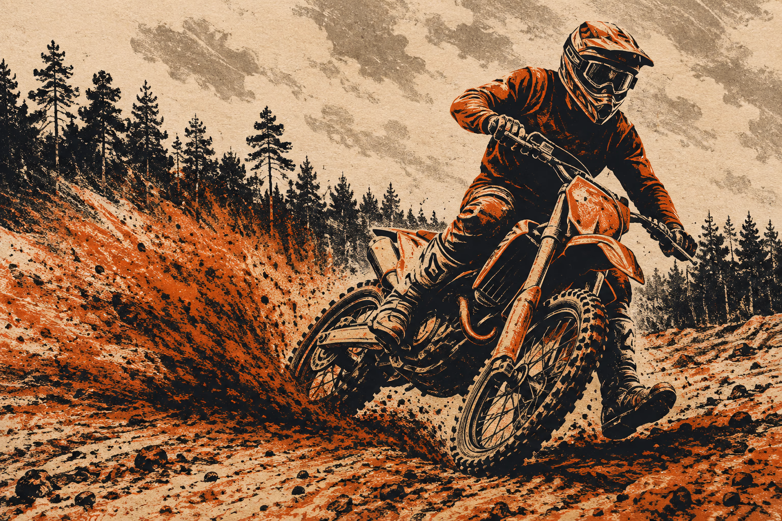 Motocyklista na niebrandowanym motocyklu enduro jadący po przygotowanej piaszczystej trasie