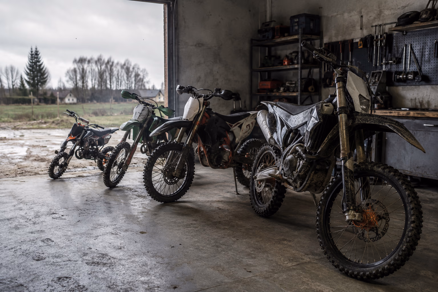 Cztery niebrandowane motocykle terenowe różnej wielkości stojące w garażu warsztatowym